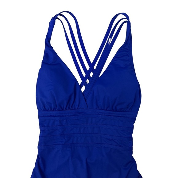 La Blanca Island Goddess Multi Strap Cross Back Blue One Piece Swimsuit Size 4 - Picture 4 of 9